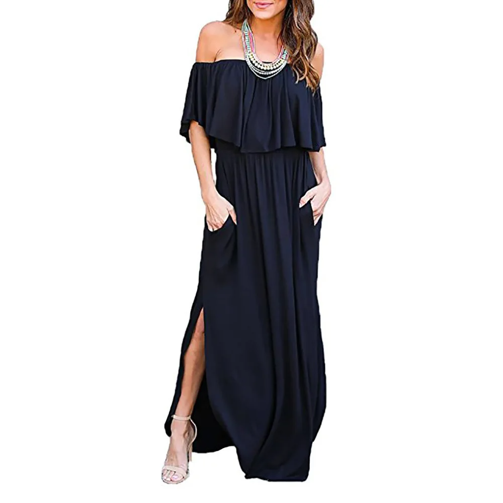 LYANNA elegante off shoulder split maxi jurk