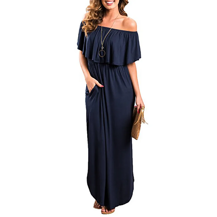 LYANNA elegante off shoulder split maxi jurk