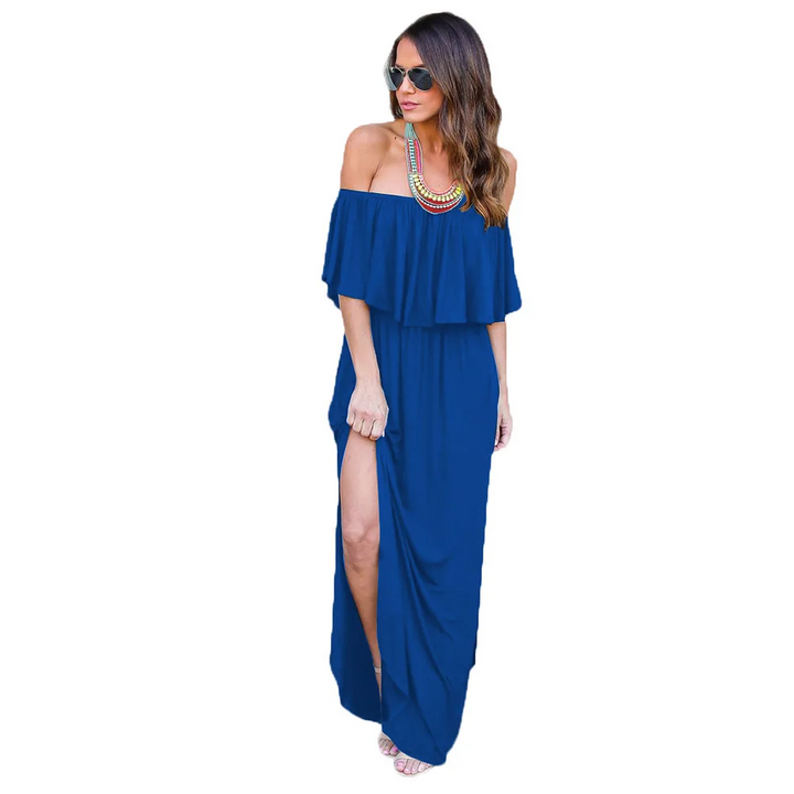 LYANNA elegante off shoulder split maxi jurk