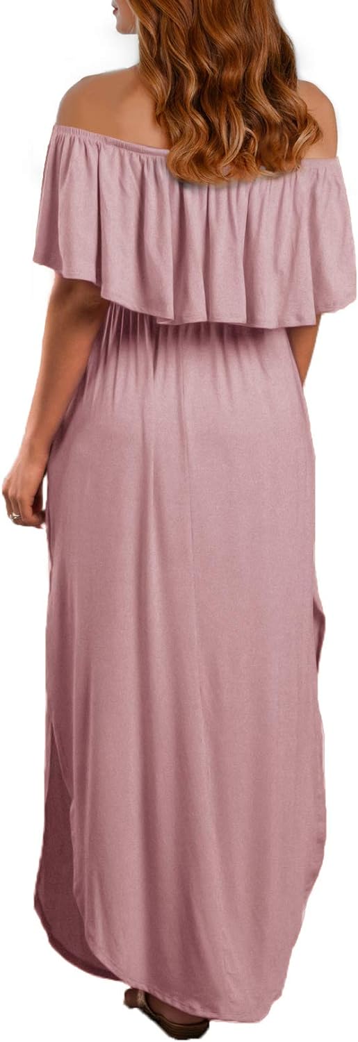 LYANNA elegante off shoulder split maxi jurk