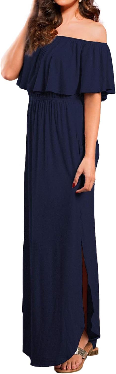 LYANNA elegante off shoulder split maxi jurk