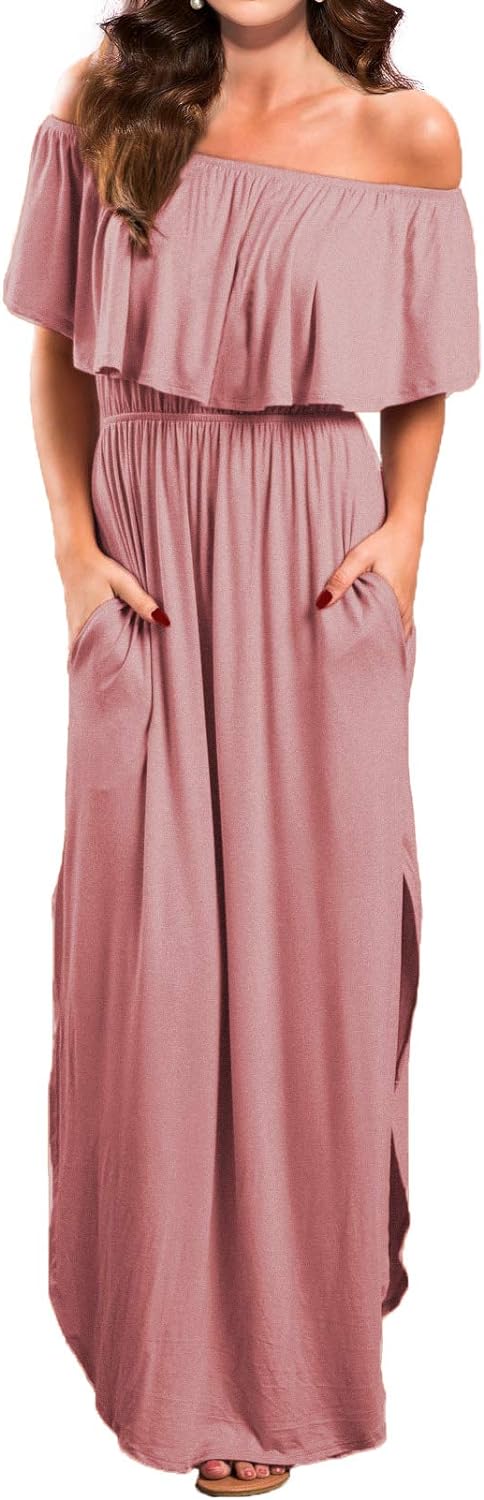 LYANNA elegante off shoulder split maxi jurk