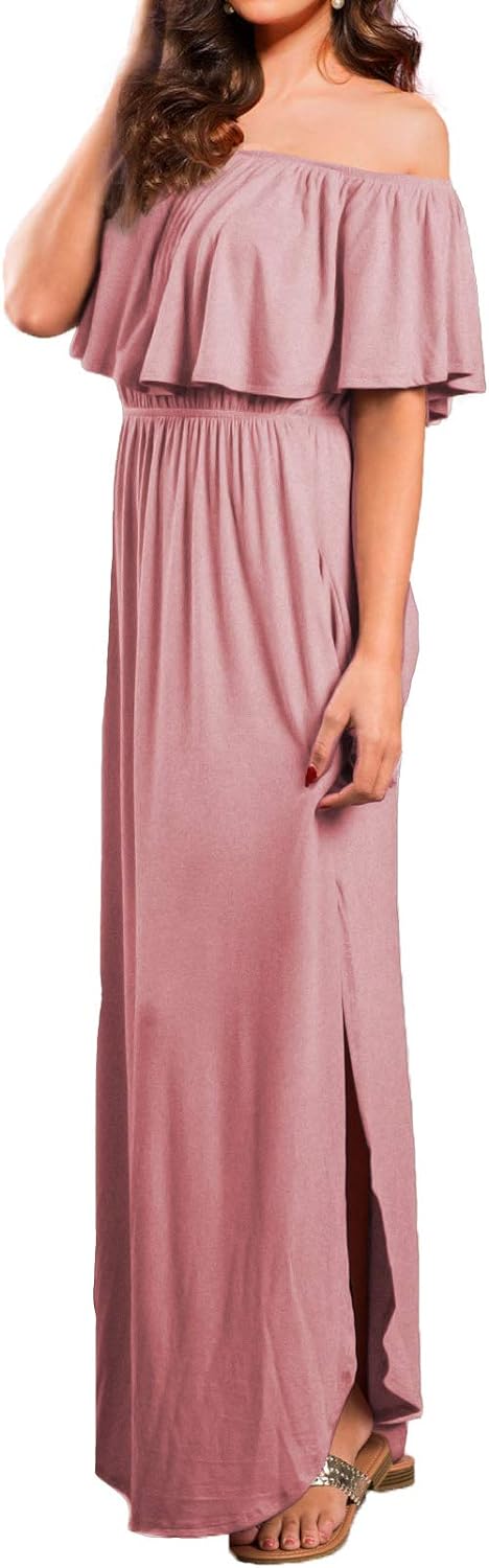 LYANNA elegante off shoulder split maxi jurk