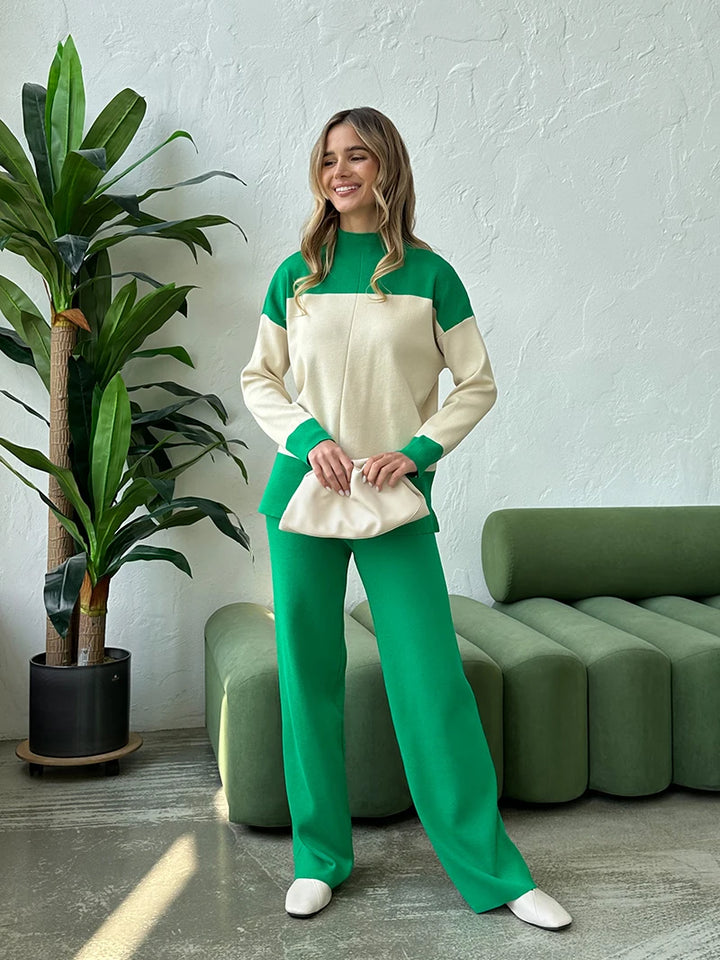 Ingrid - elegante tweekleurige gebreide set [sweater+broek]